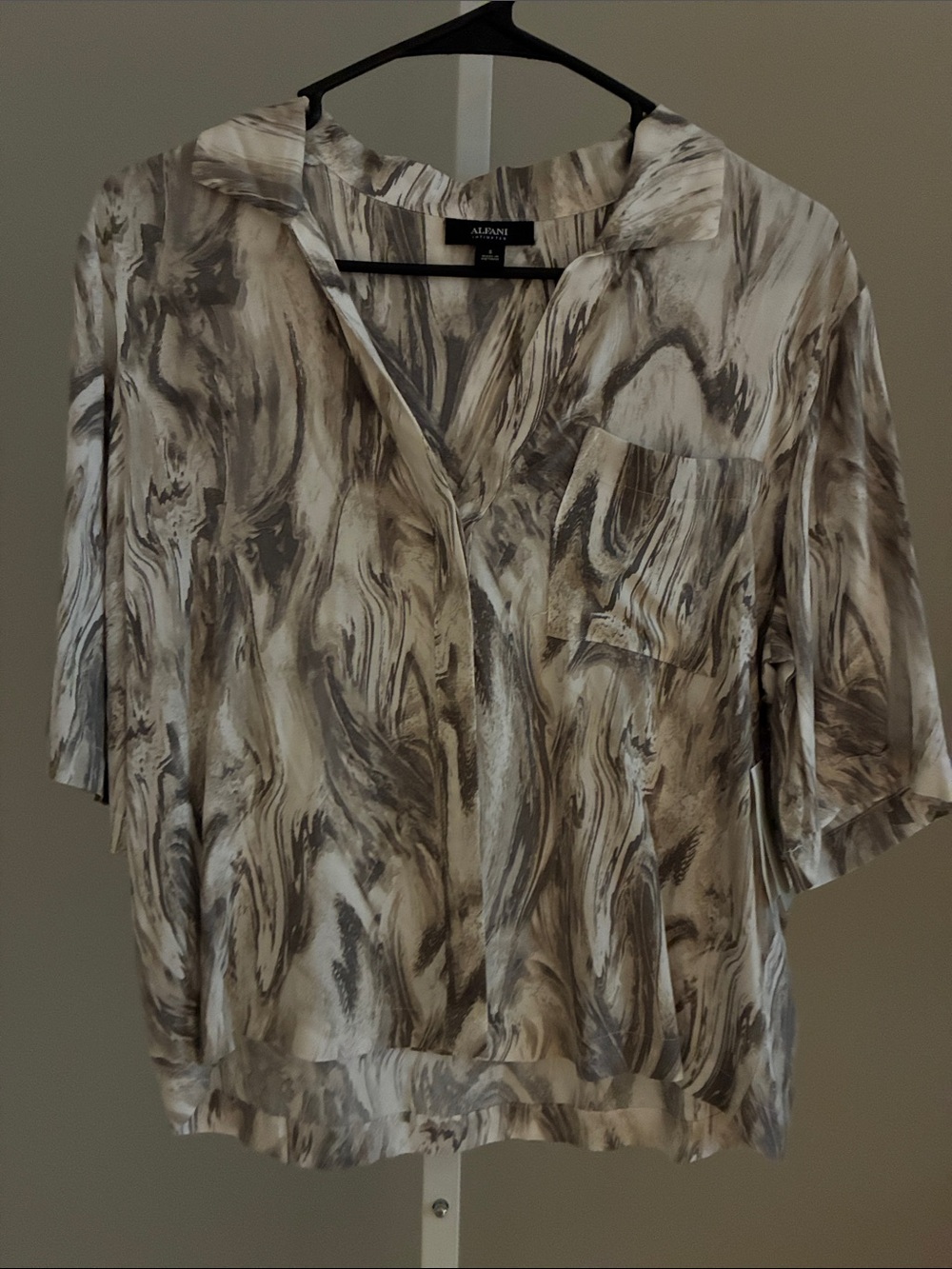 Alfani Women's Marble-Print V-Neck Blouse - Beige/Gray